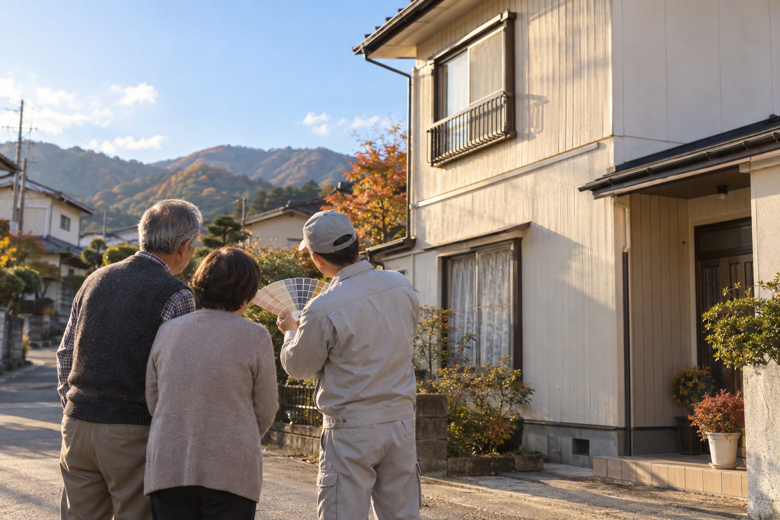 家の前で、職人と施主のご夫婦が色見本の扇を広げて外壁の色を相談しているイメージ写真