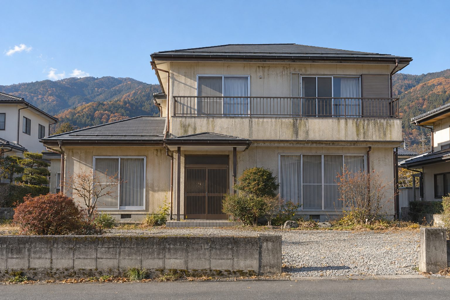 塗り替え前の外壁のイメージ。色あせて雨だれや藻の汚れが出た二階建ての家（AIで作成）